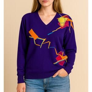Vintage Marc D'Alcy 80s Abstract Purple Long Sleeve Wool Blend Sweater Womens S